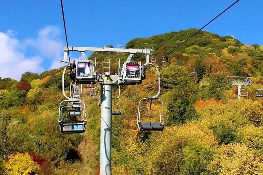 A cable car system with chairs suspended from cables, set against a backdrop of autumn-colored trees. 1