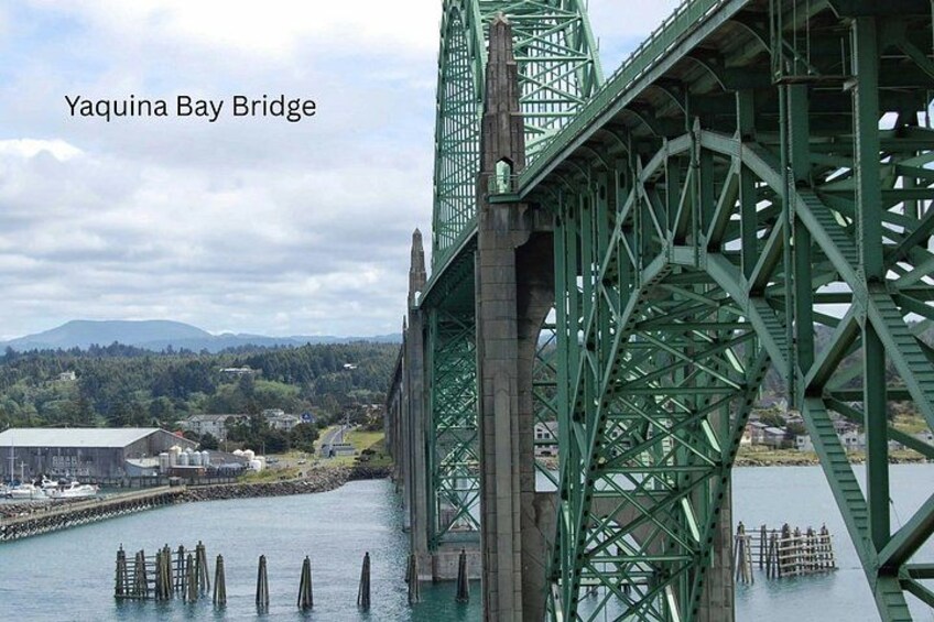 The Yaquina Bay Bridge with a view of the surrounding landscape and water. 2