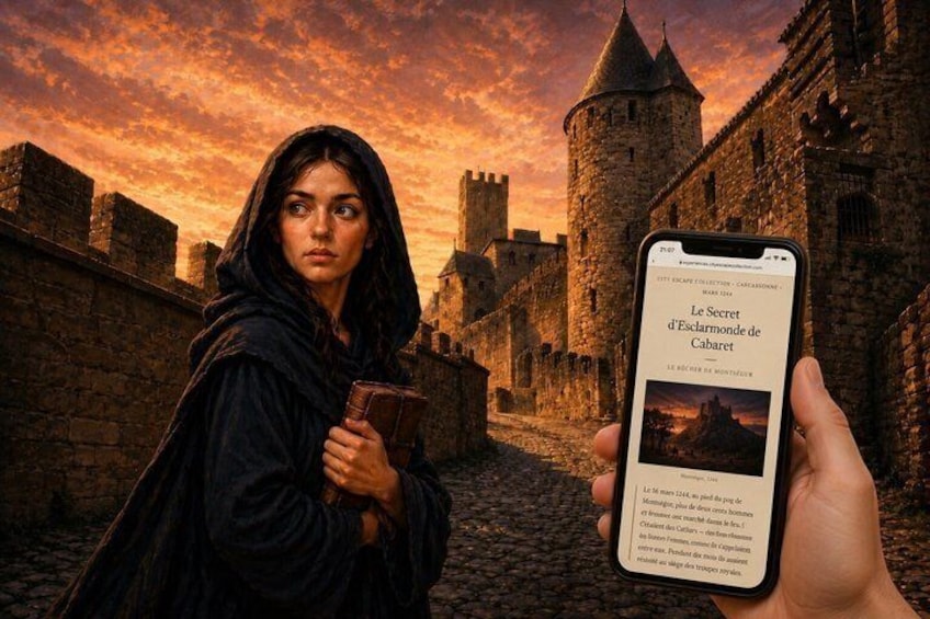 A person holding a smartphone displaying an article titled 'Le Secret d'Escharnon de Cabaret' with a medieval castle in the background. 1