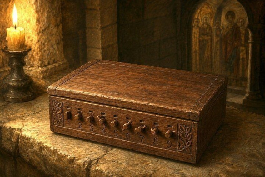A wooden chest with numbered locks, set on a stone ledge with a lit candle in the background. 3