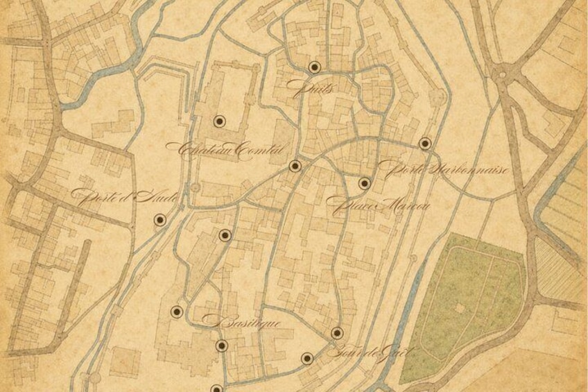 A vintage map with labeled streets and landmarks such as 'Cité du Commerce' and 'Place de la Gare.' 2