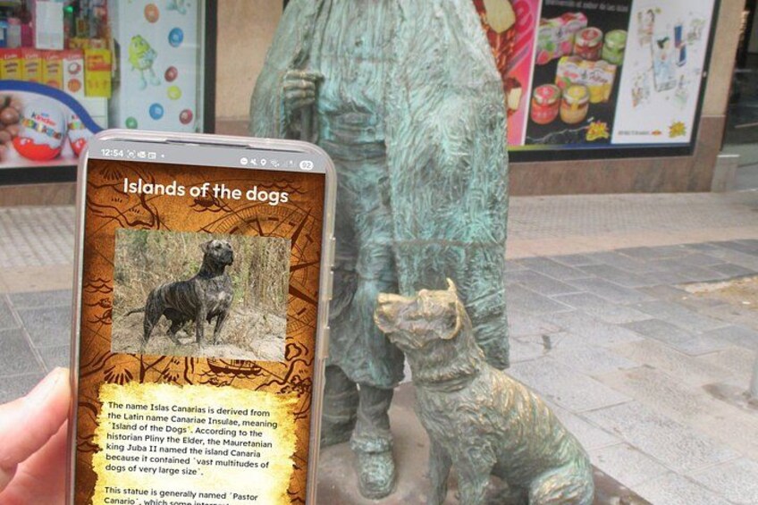 A smartphone displaying a dog-related app with a statue of a dog in the background. 3