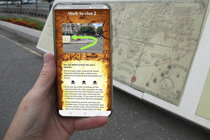 A hand holding a smartphone displaying a map with a green arrow and text instructions. 4