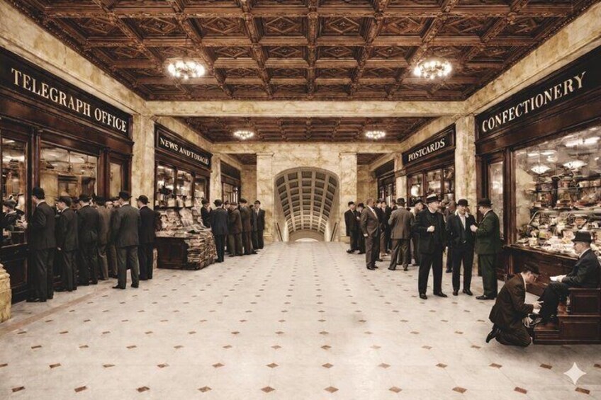 A vintage interior with a central archway, shops on either side, and people standing and sitting. 5
