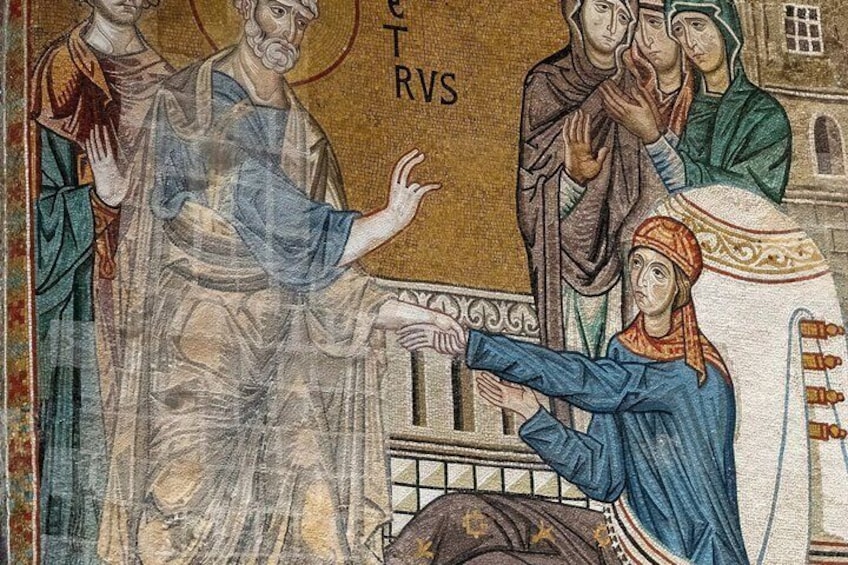 A mosaic with figures in historical attire, a golden background, and the inscription 'RVS'. 1