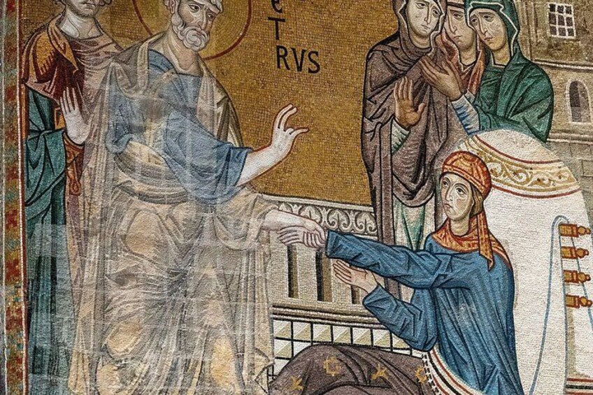 A mosaic with figures in historical attire, a central figure gesturing, and the inscription 'RVS'. 1