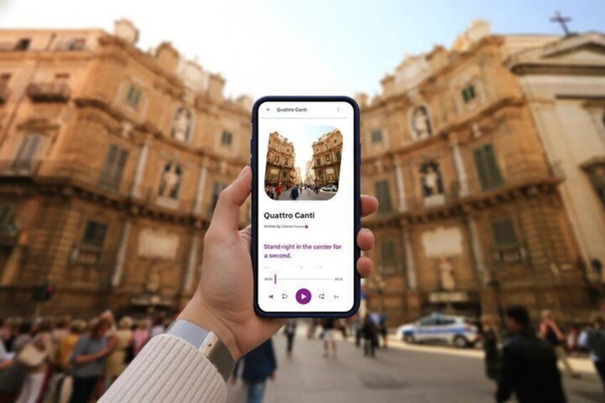 A person holding a smartphone displaying a photo of a historic building with the name 'Quattro Canti' and a prompt to stand in the center for a photo. 4