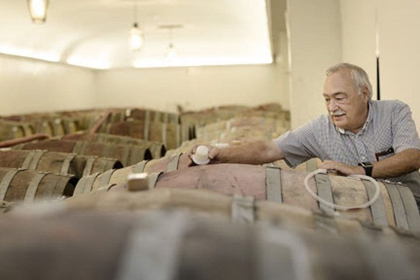 A person in a room with large wooden barrels, possibly a wine cellar or storage area. 5