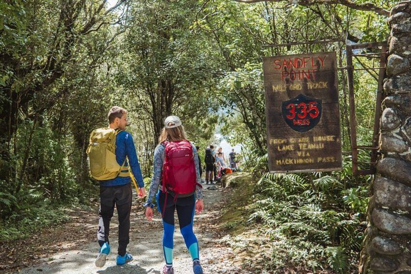 A hiking trail with a sign indicating Sandfly Point and the 335 Lake Teanu Trail. 5