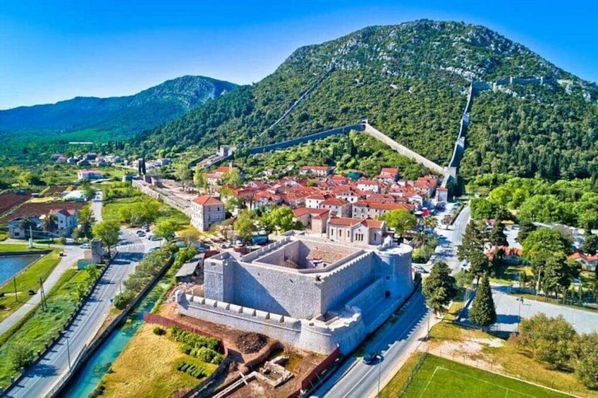 A historic fortress with a moat, surrounded by a town with red-roofed buildings, a river, and a mountain in the background. 4