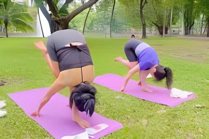 Three people performing yoga on mats in a park. 3