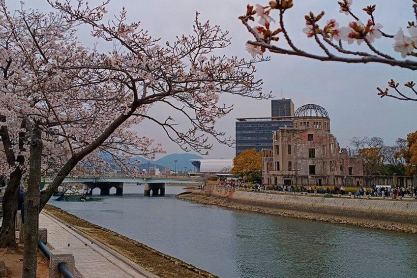 Une rivière bordée de cerisiers en fleurs, un pont et, au loin, des bâtiments historiques. 5