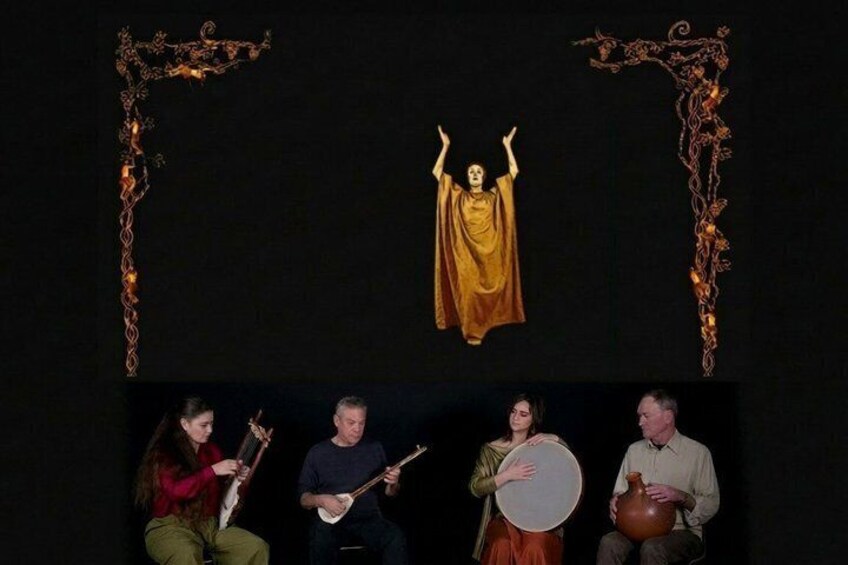 A group of people playing musical instruments, with a central figure in a golden robe. 3