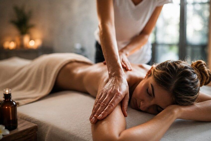 A person receiving a massage in a spa setting. 1