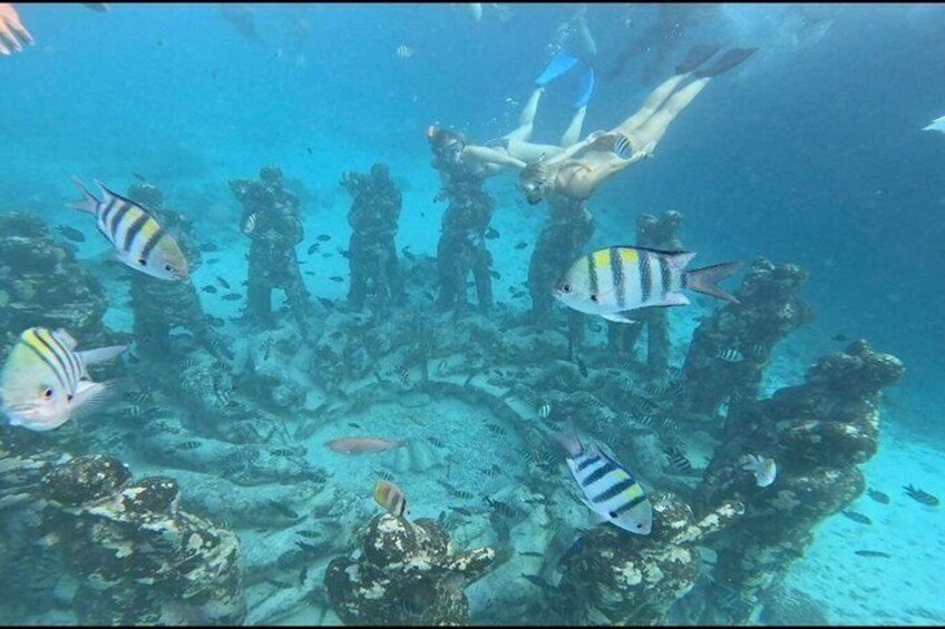 A diver surrounded by fish and coral formations underwater. 3