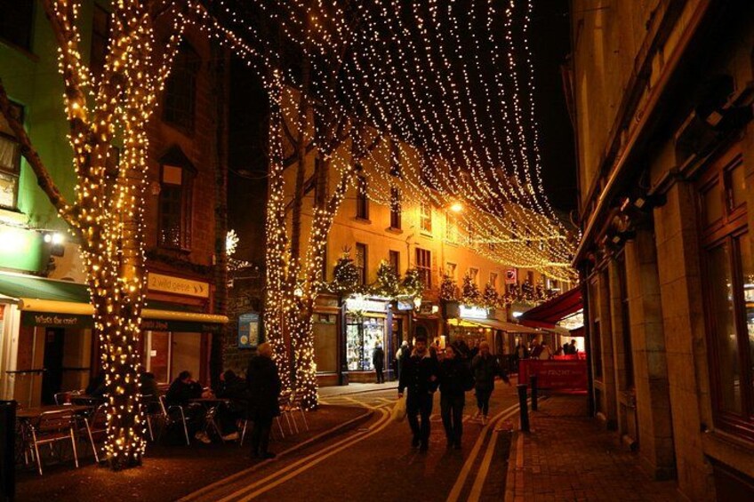 A street lined with trees wrapped in lights, a building with a green facade, and people walking. 3