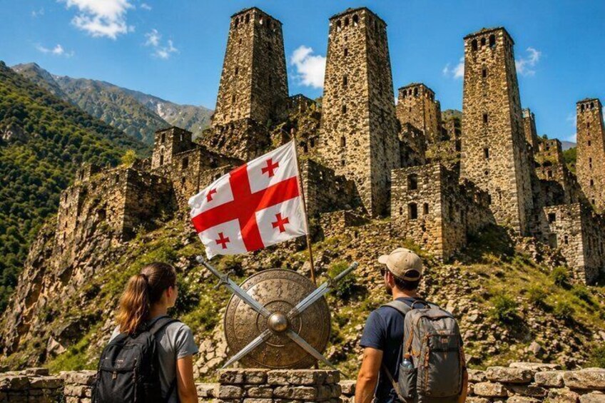 A historical stone fortress with multiple towers, a flag with a cross design, and a mountainous backdrop. 2