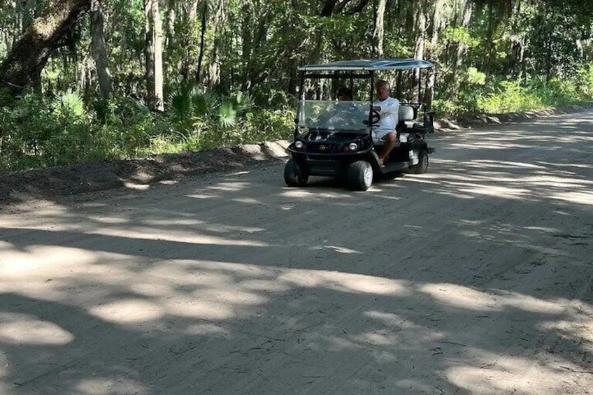 A golf cart on a dirt road surrounded by trees. 3