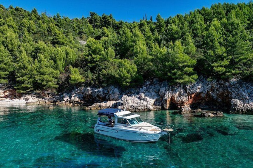 A boat anchored near a rocky shore with clear turquoise water and dense green pine trees in the background. 4