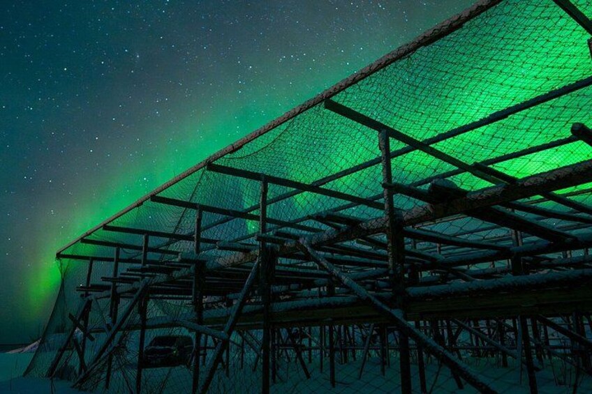 A structure with a green net roof under a starry sky. 3