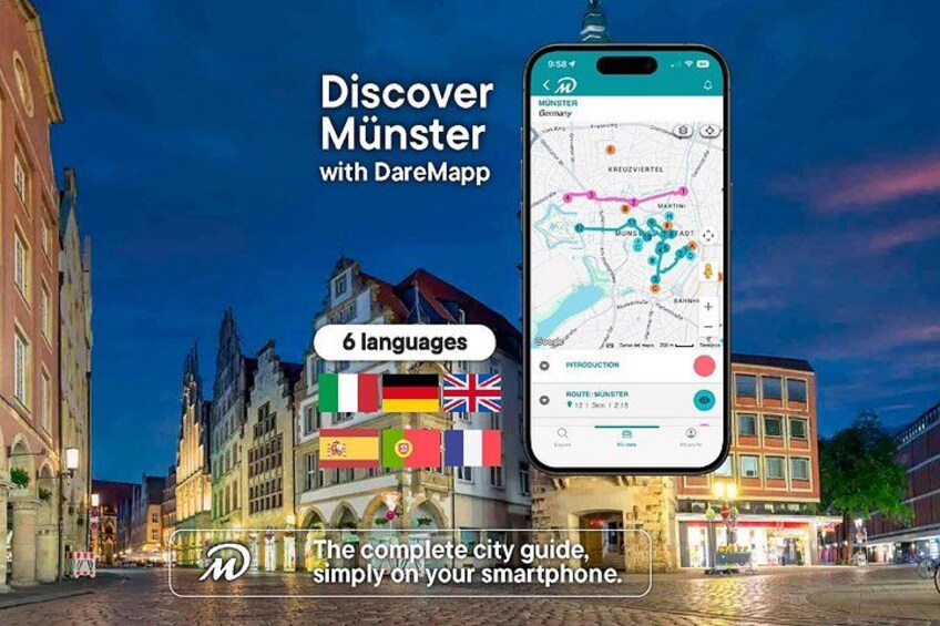 A smartphone displaying a map with city names and routes, surrounded by historic European architecture. 1