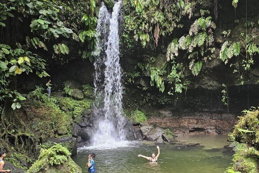 A waterfall, lush greenery, and a person in the water. 5