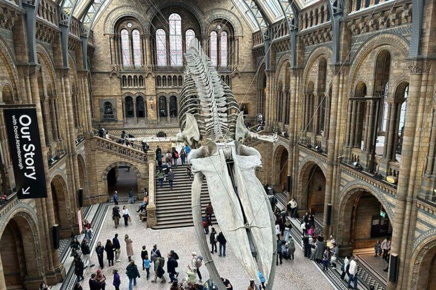A large indoor space with a central skeletal structure, arched windows, and a crowd of people. 1