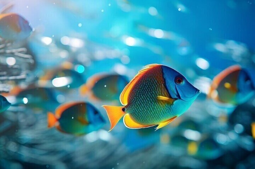 A school of colorful fish swimming in clear blue water. 2