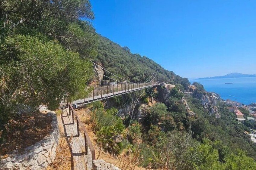 A suspension bridge over a mountainous terrain with a clear view of the sea in the background. 1