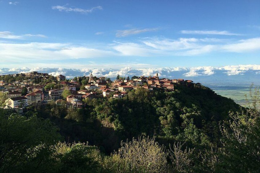 A hillside village with buildings, a church, and snow-capped mountains in the background. 1