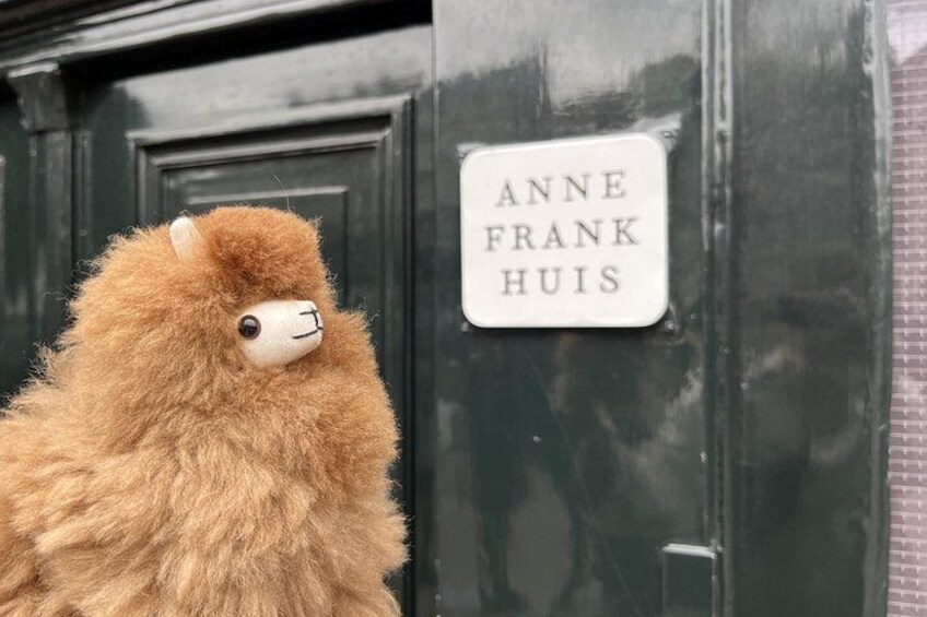 A fluffy brown llama in front of a door with a sign that reads 'ANNE FRANK HUIS.' 4
