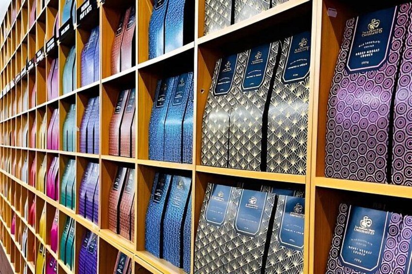 A display of various ties in a store. 2