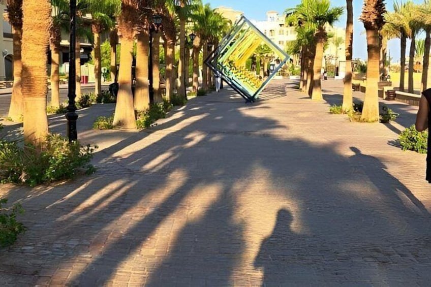 A paved pathway lined with palm trees and a large, colorful structure in the distance. 3