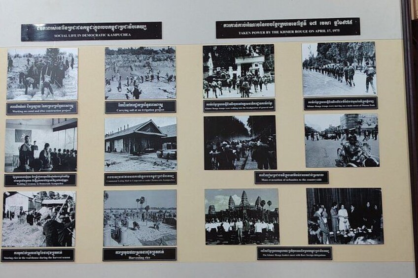 A wall with multiple black and white photographs, each with a caption in a non-English script. 2