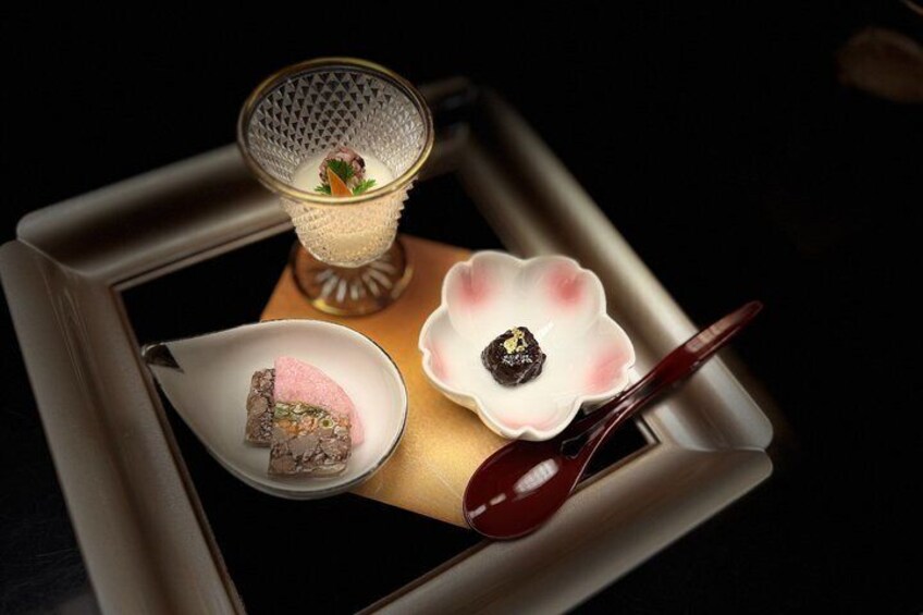 A tray with a glass, a bowl, and a spoon. 2