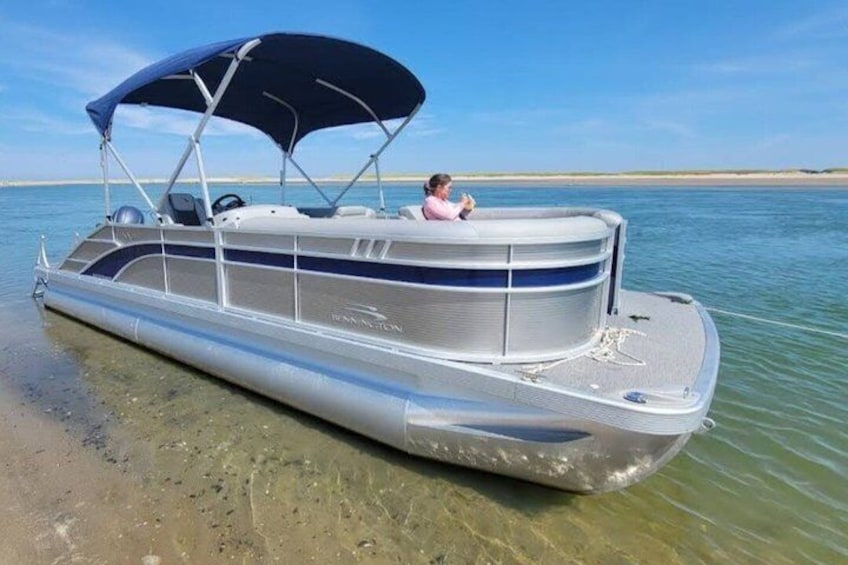 A pontoon boat with a canopy, docked at a sandy beach. 3
