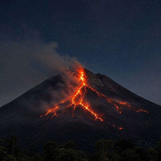 Un volcán en erupción de noche con lava descendiendo por sus laderas. 3