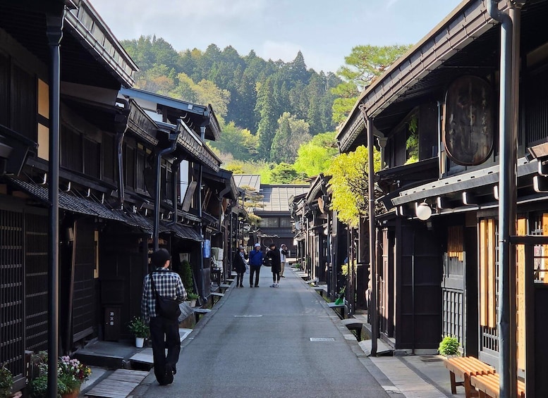 A traditional Japanese street lined with wooden buildings and a path leading to a forested hill. 1