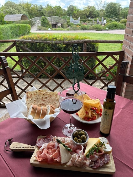 A picnic setup with bread, cheese, olives, and charcuterie on a table, with a vineyard in the background. 5