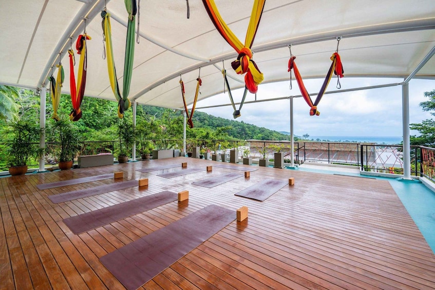 A wooden deck with aerial yoga hammocks and yoga mats. 1