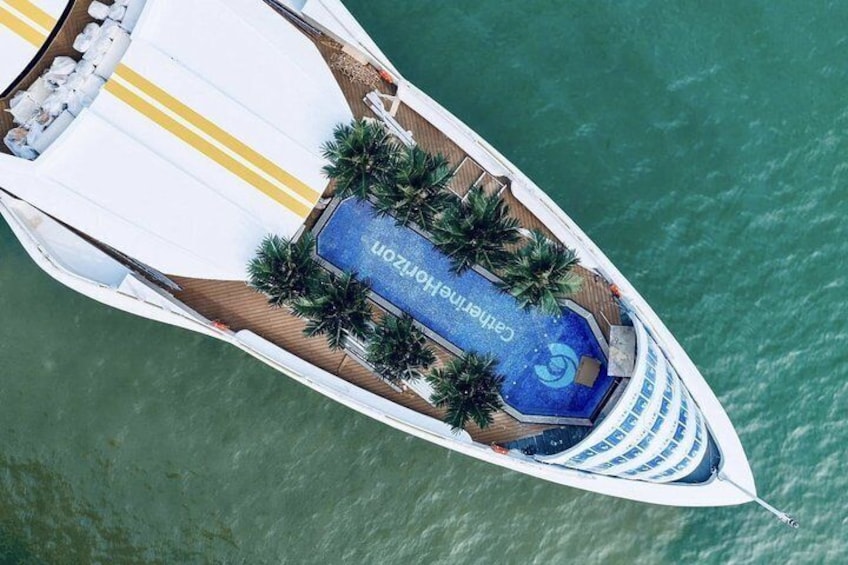 A yacht with a blue deck area, palm trees, and a white and yellow striped pattern. 5