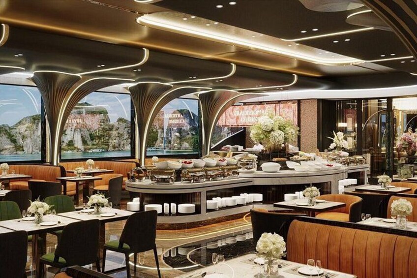 A restaurant with a waterfront view, elegant seating, and a central bar area. 4