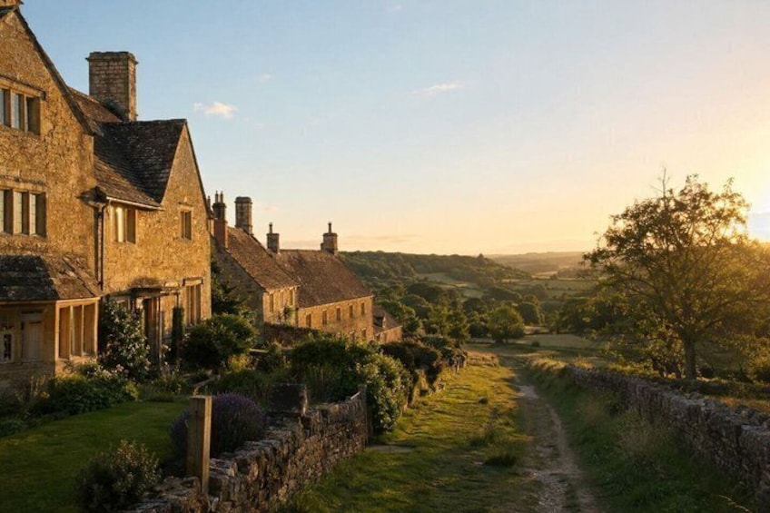 A stone house with a thatched roof, a stone wall, and a path leading through a green landscape. 2
