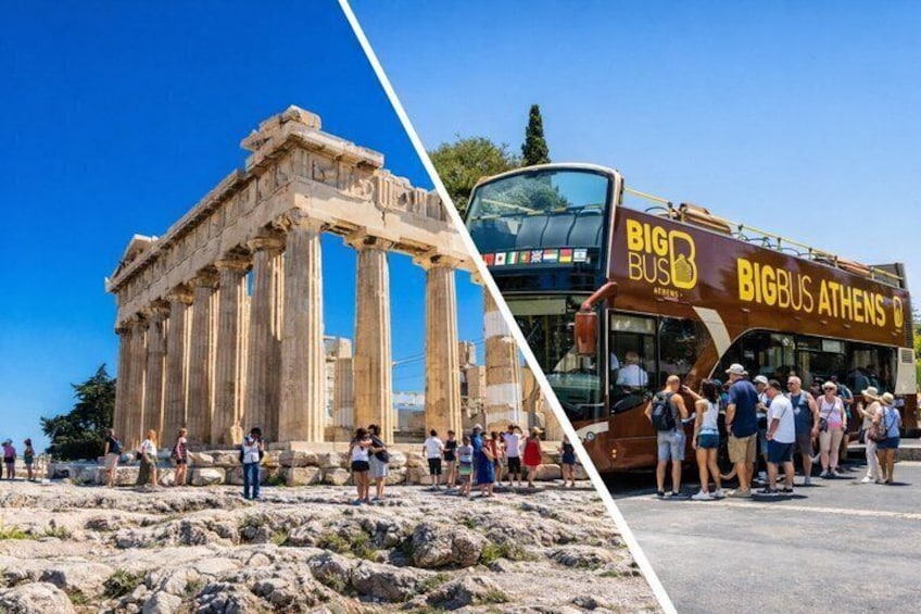 The Parthenon and a Big Bus Athens tour bus. 1