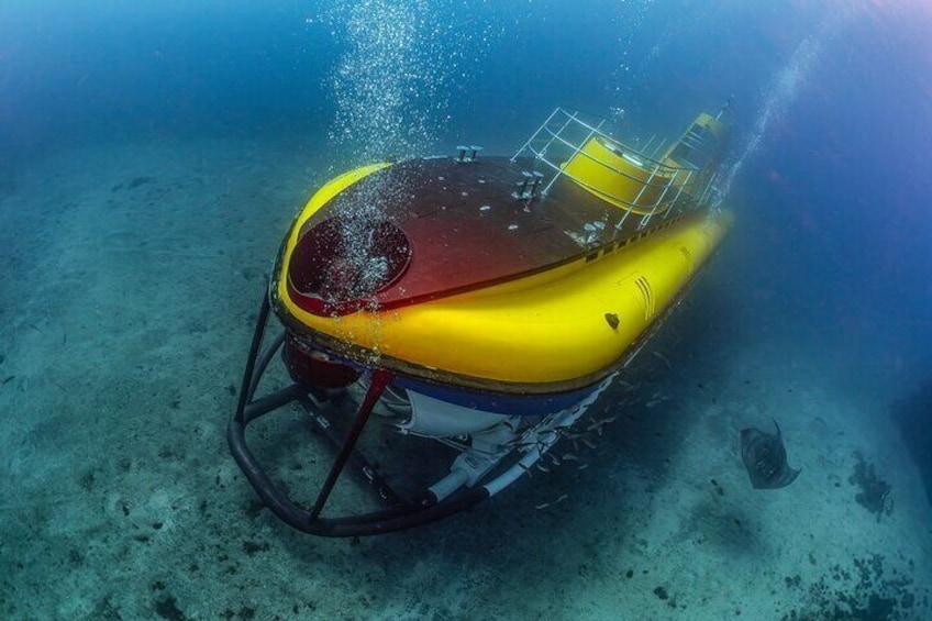 A yellow and red underwater vehicle on the ocean floor. 5