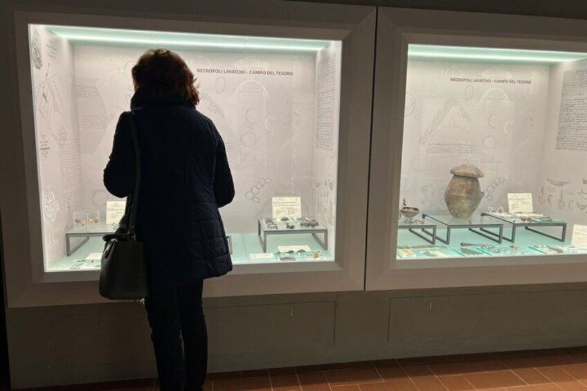 A person viewing exhibits in a museum with glass display cases. 5