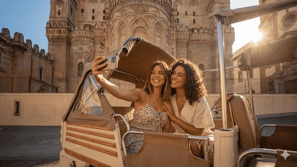 Two people taking a selfie in a vintage car with a historic building in the background. 2