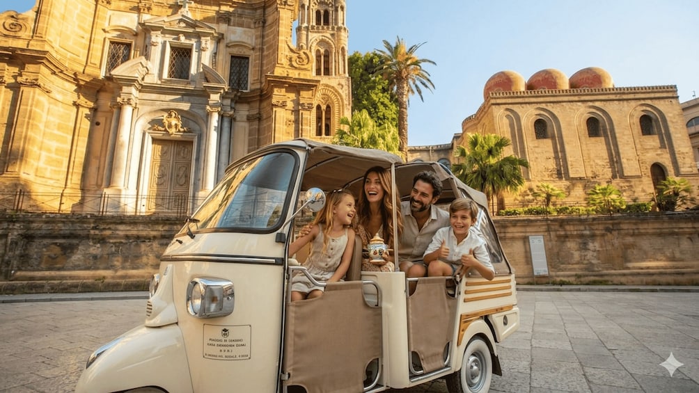 A family in a vintage car parked in front of a historic building with ornate architecture. 1