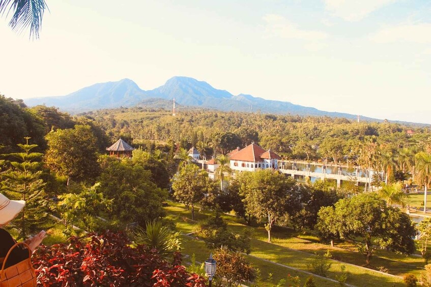 A lush landscape with a large building, trees, and distant mountains. 4