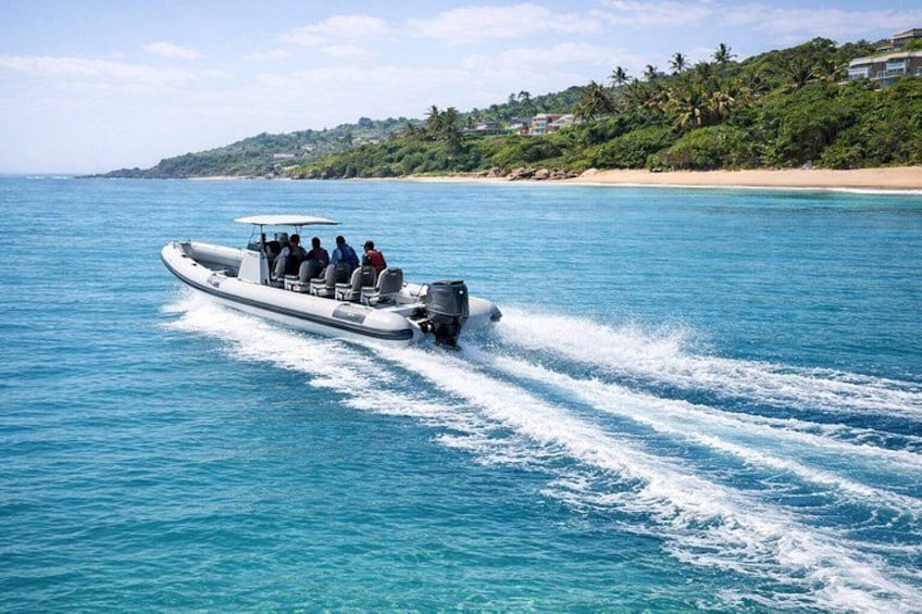 A motorboat with passengers on a clear day, moving through turquoise water with a beach and greenery in the background. 1